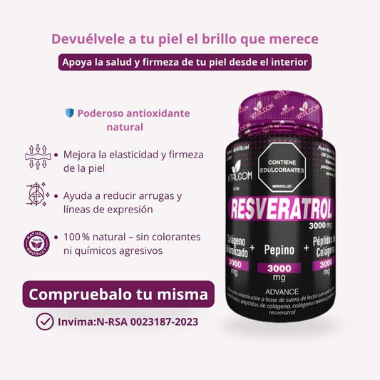 🔥 Eleva tu energía celular y combate el envejecimiento desde hoy |Resveratrol | Colágeno Hidrolizado & Pepino | Fórmula premium 100 % natural